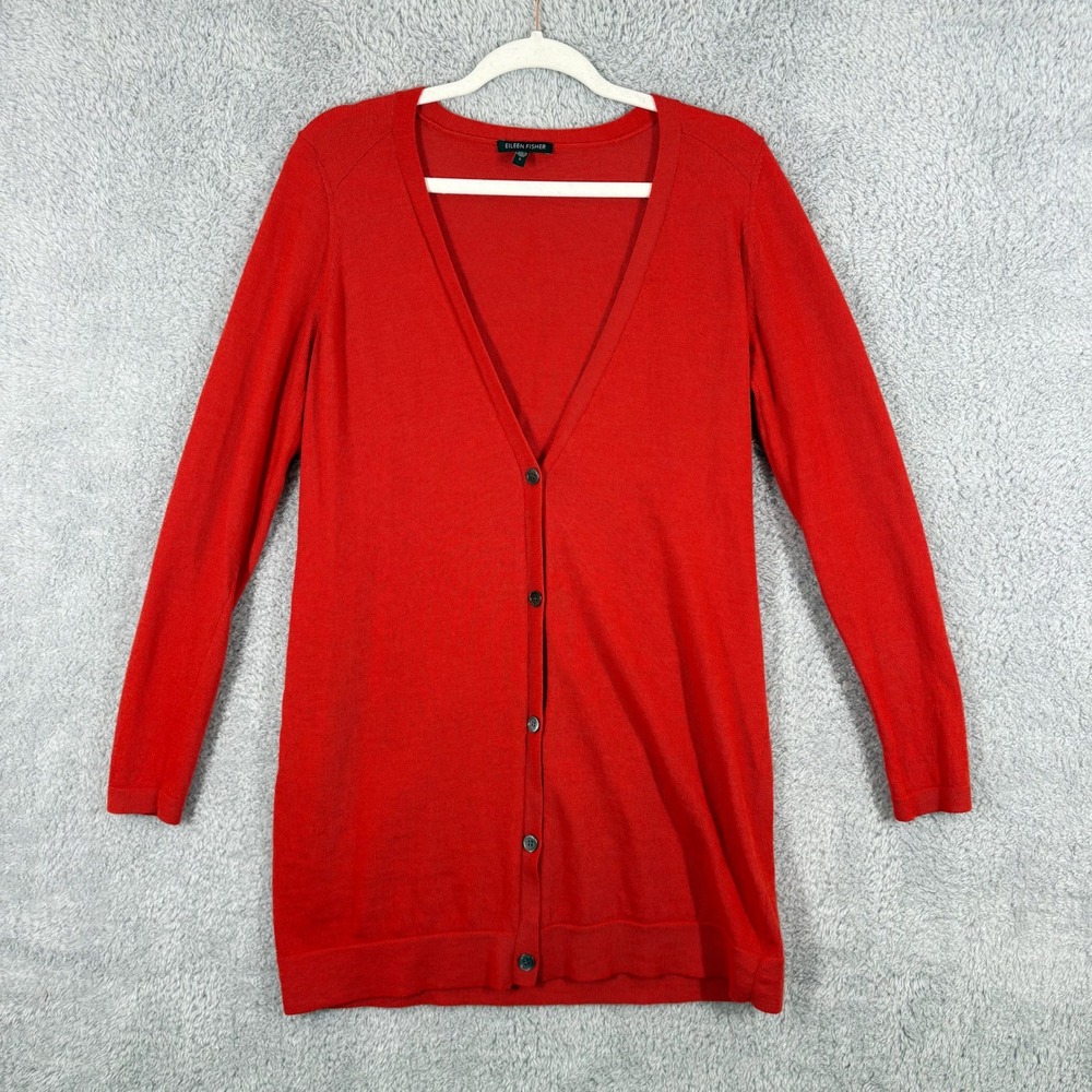Eileen Fisher 100% Merino Wool Longline Button Front Cardigan Size S Orang Red